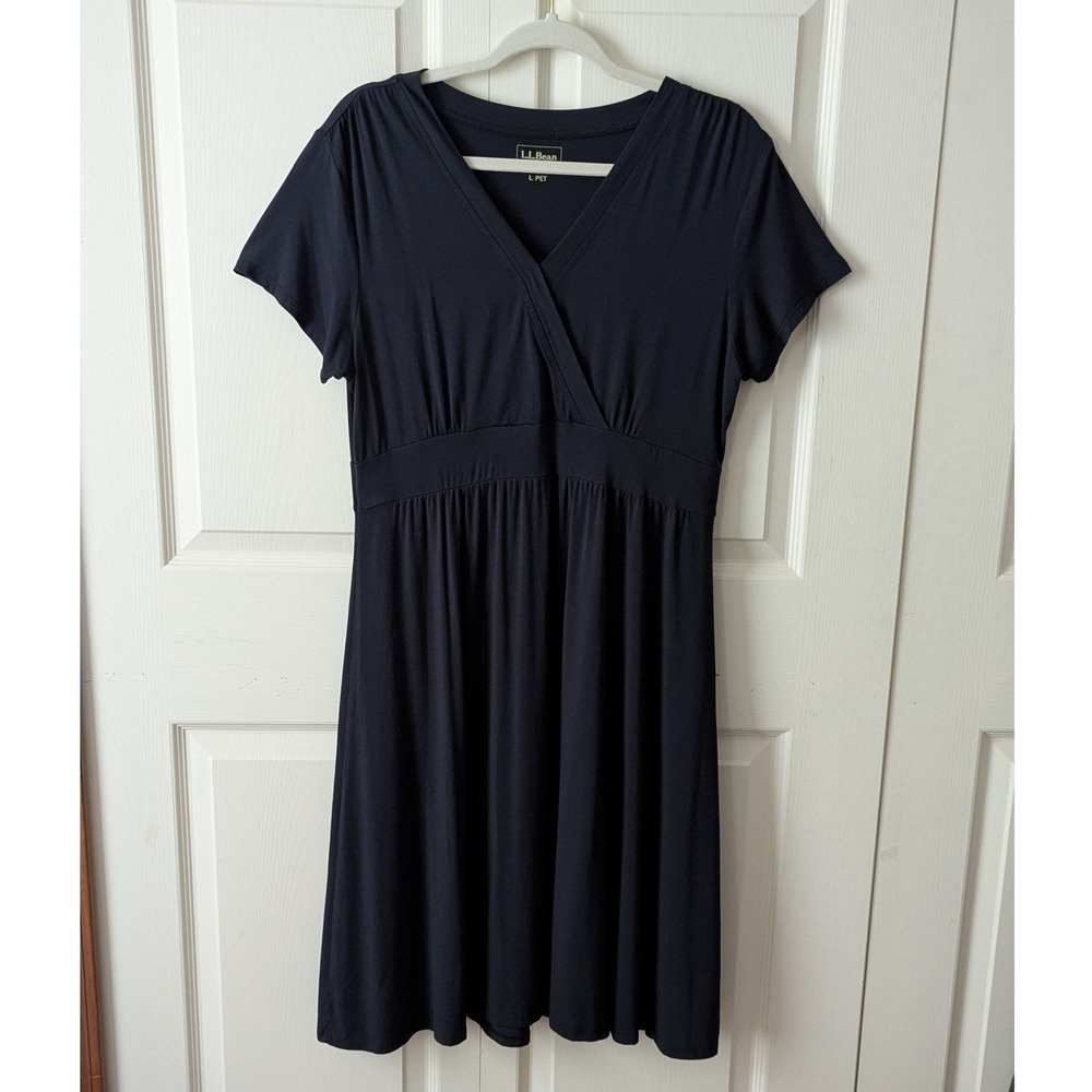 LL Bean Jersey Knit Dress Women Sz L Petite Black Surplice V Neck Summer Stretch